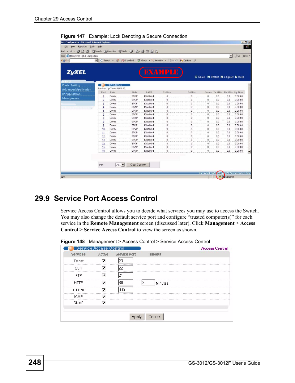 9 service port access control, Example | ZyXEL Communications GS-3012F/3012 User Manual | Page 248 / 314