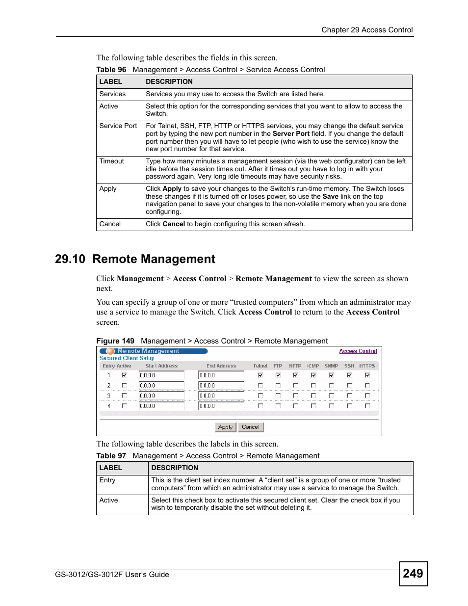 10 remote management | ZyXEL Communications GS-3012F/3012 User Manual | Page 249 / 314