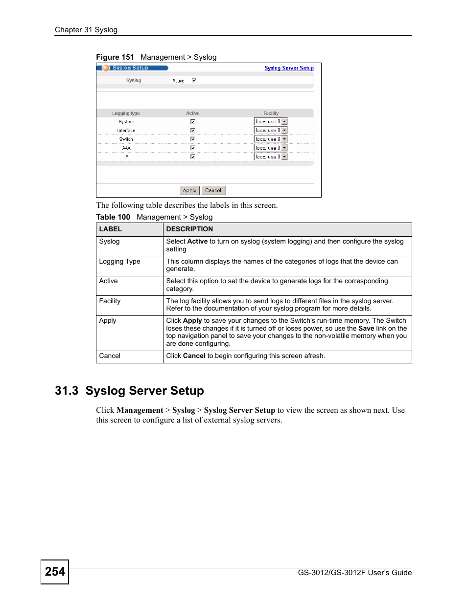 3 syslog server setup, Figure 151 management > syslog, Table 100 management > syslog | ZyXEL Communications GS-3012F/3012 User Manual | Page 254 / 314