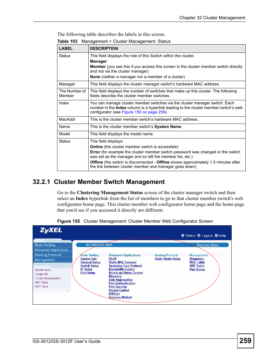 1 cluster member switch management, Table 103 management > cluster management: status | ZyXEL Communications GS-3012F/3012 User Manual | Page 259 / 314