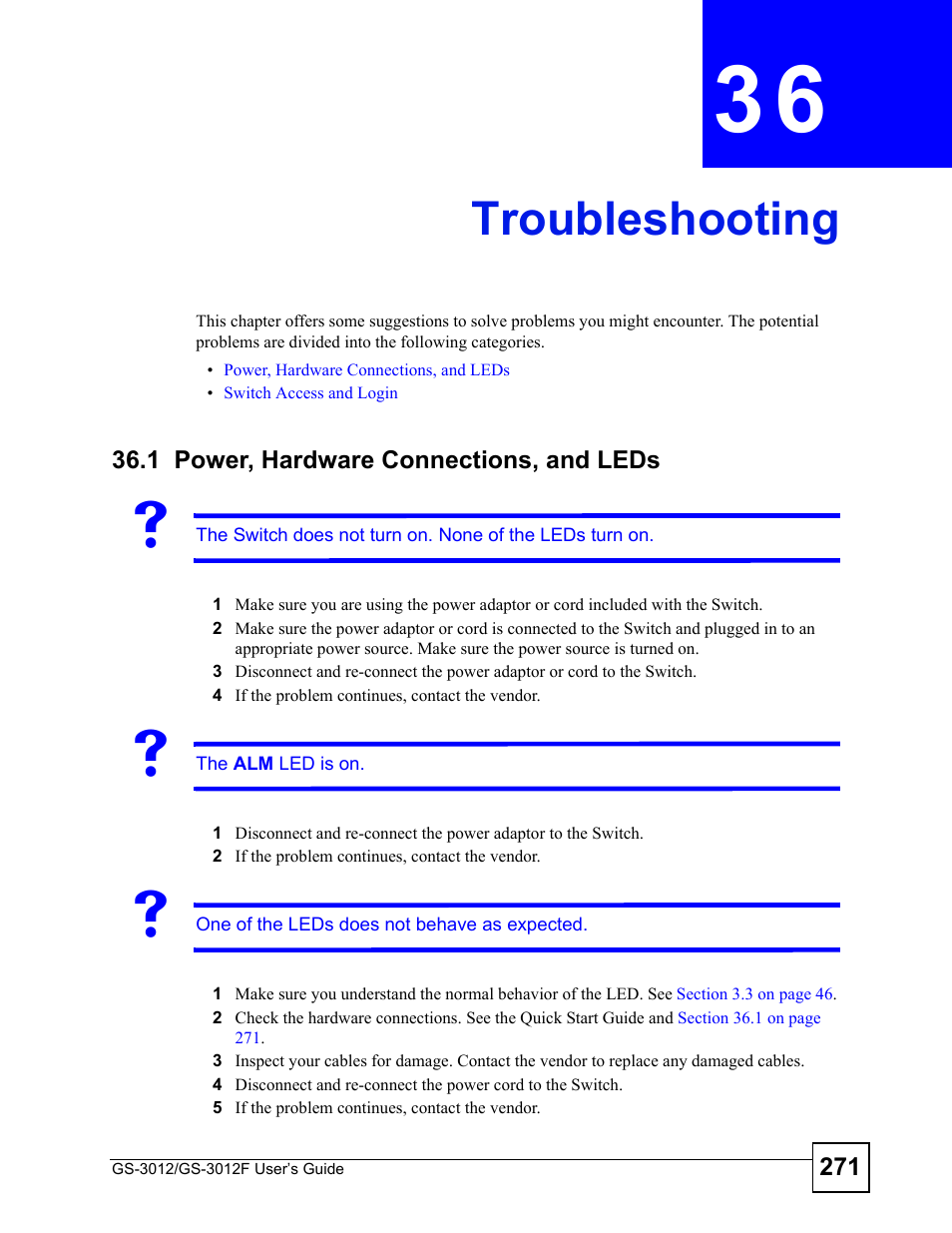 Troubleshooting, 1 power, hardware connections, and leds, Chapter 36 troubleshooting | ZyXEL Communications GS-3012F/3012 User Manual | Page 271 / 314