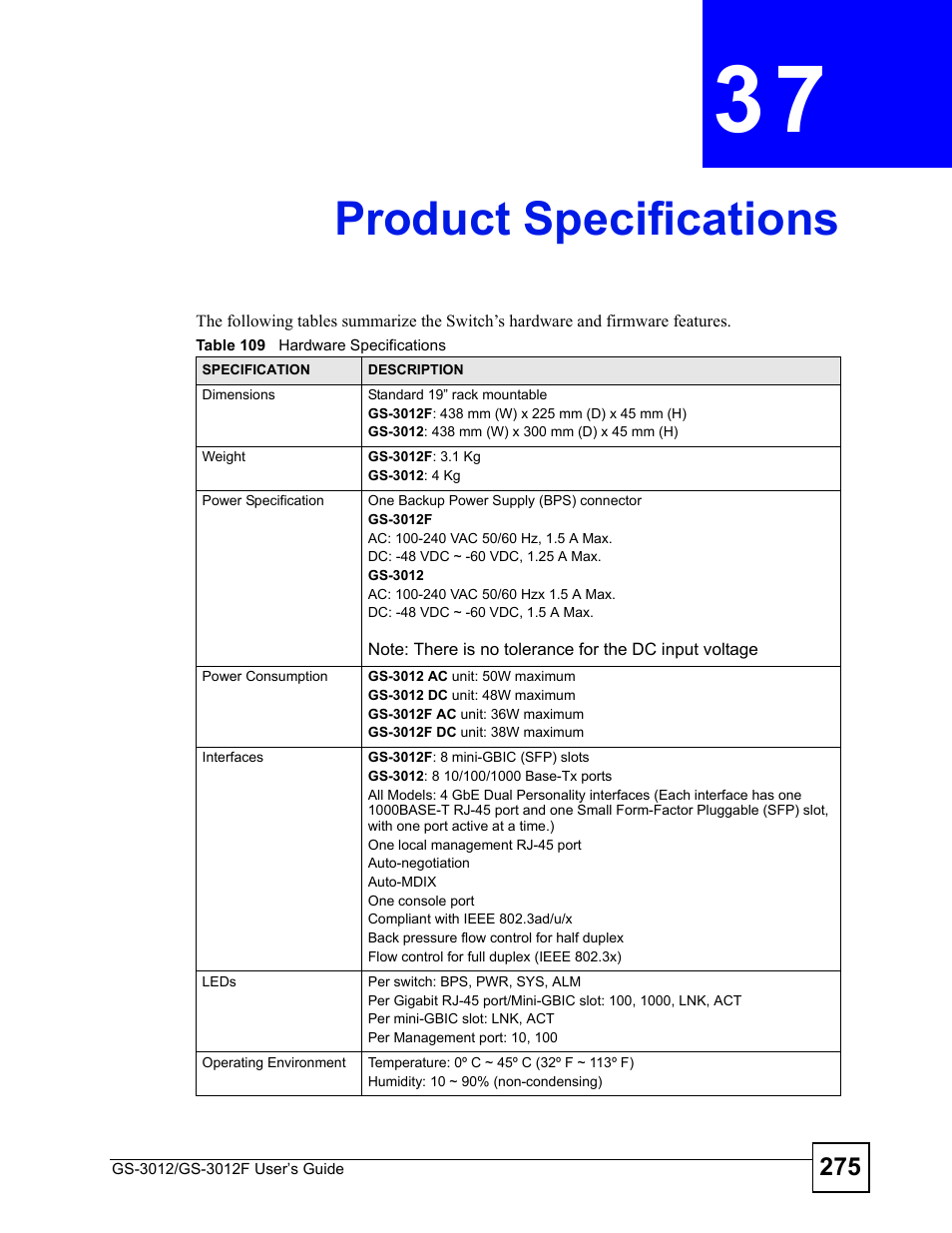 Product specifications, Chapter 37 product specifications, Table 109 hardware specifications | ZyXEL Communications GS-3012F/3012 User Manual | Page 275 / 314