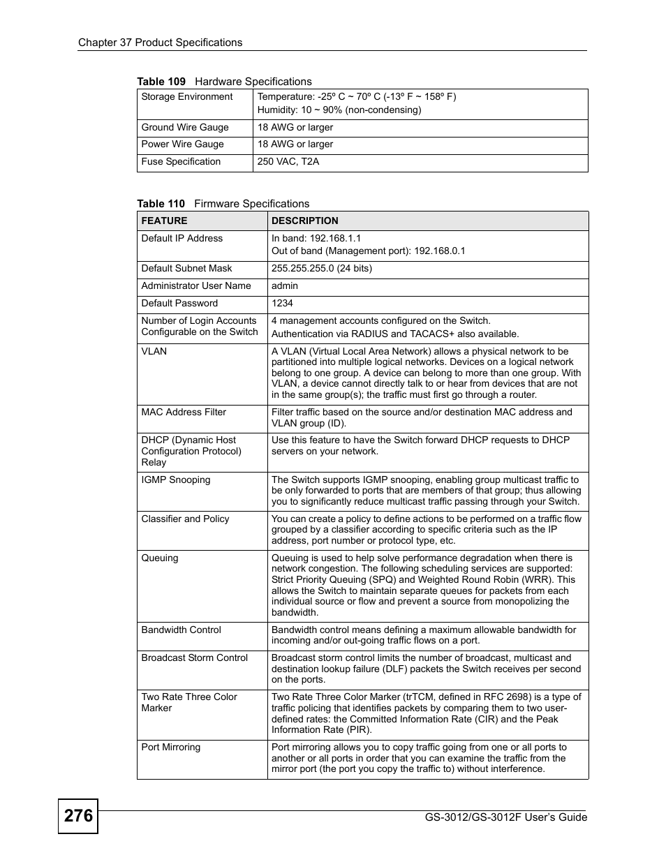 Table 110 firmware specifications | ZyXEL Communications GS-3012F/3012 User Manual | Page 276 / 314