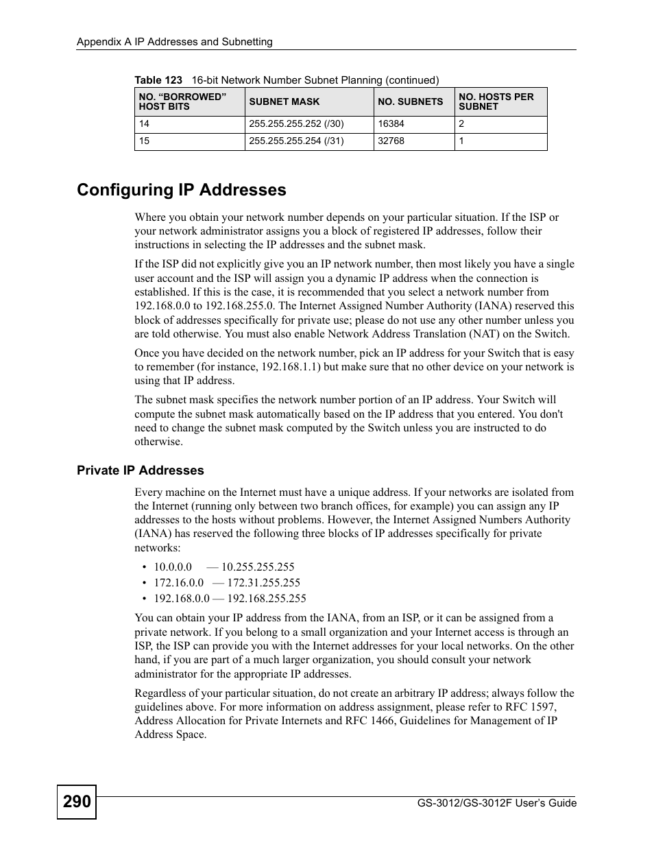 290 configuring ip addresses | ZyXEL Communications GS-3012F/3012 User Manual | Page 290 / 314