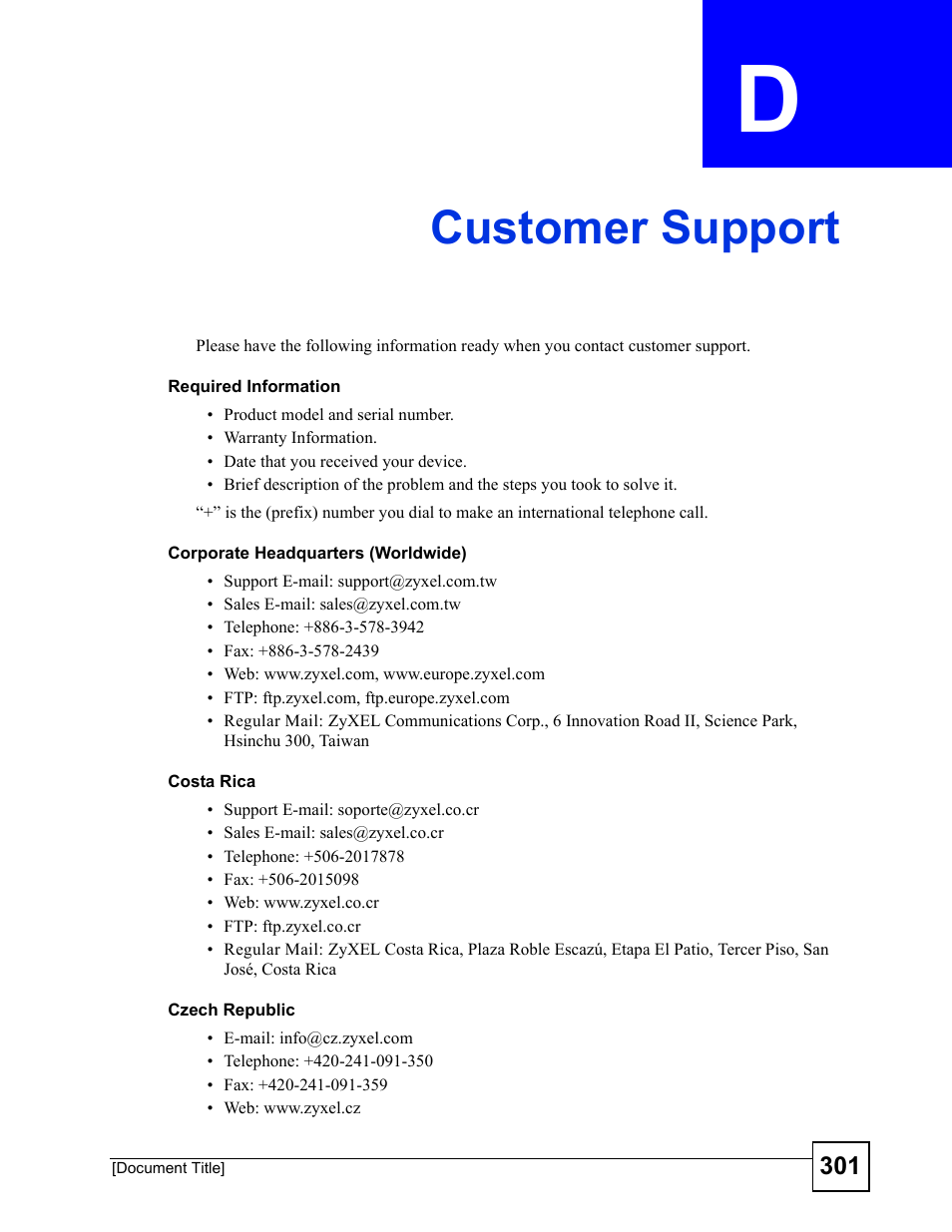 Customer support, Appendix d customer support, Customer support (301) | ZyXEL Communications GS-3012F/3012 User Manual | Page 301 / 314