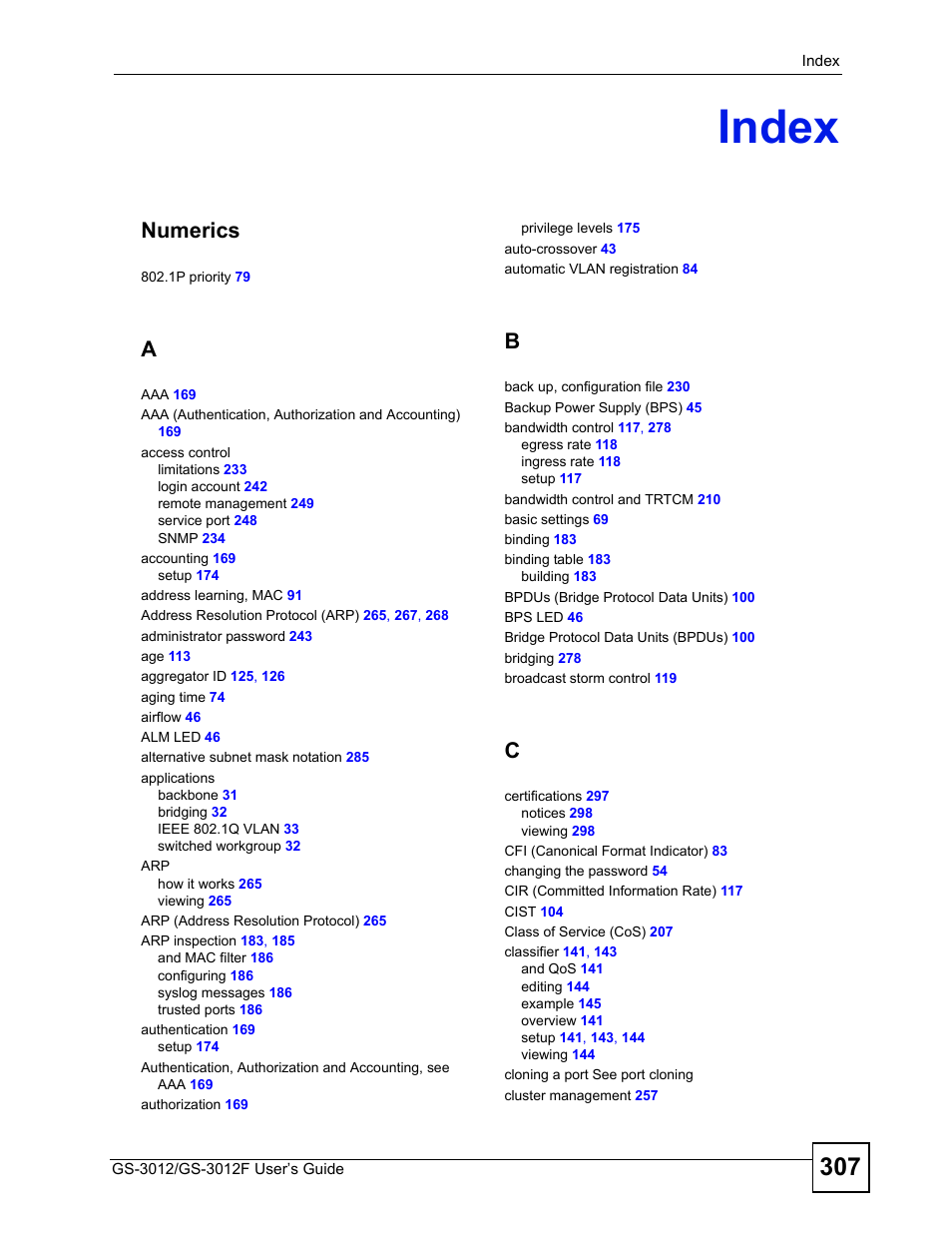Index, Index (307), Numerics | ZyXEL Communications GS-3012F/3012 User Manual | Page 307 / 314