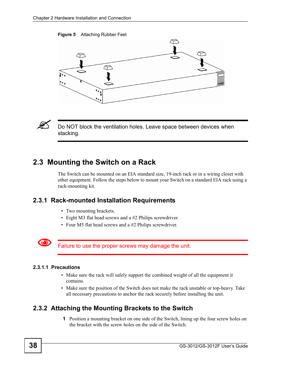 3 mounting the switch on a rack, 1 rack-mounted installation requirements, 2 attaching the mounting brackets to the switch | Figure 5 attaching rubber feet | ZyXEL Communications GS-3012F/3012 User Manual | Page 38 / 314