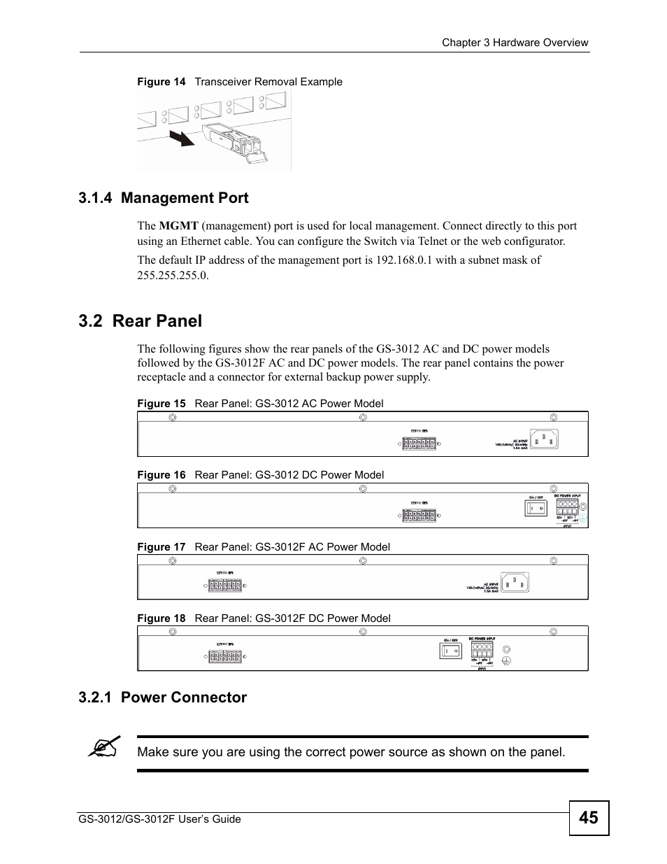 4 management port, 2 rear panel, 1 power connector | ZyXEL Communications GS-3012F/3012 User Manual | Page 45 / 314