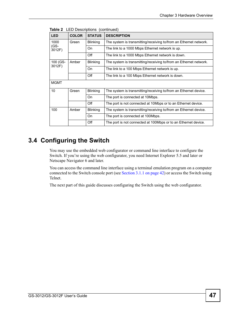 4 configuring the switch, 47 3.4 configuring the switch | ZyXEL Communications GS-3012F/3012 User Manual | Page 47 / 314