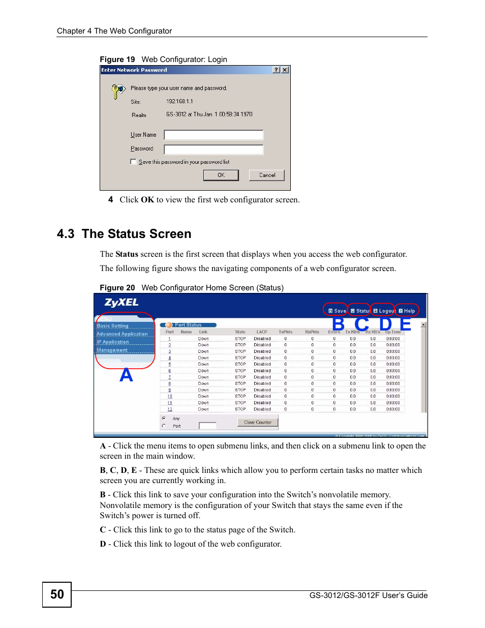 3 the status screen | ZyXEL Communications GS-3012F/3012 User Manual | Page 50 / 314