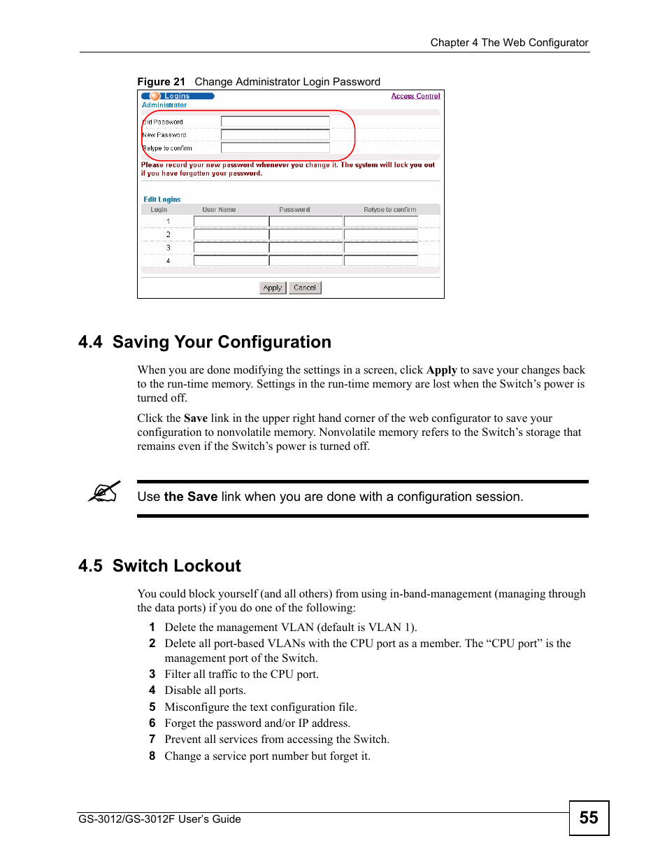 4 saving your configuration, 5 switch lockout, 4 saving your configuration 4.5 switch lockout | Figure 21 change administrator login password | ZyXEL Communications GS-3012F/3012 User Manual | Page 55 / 314