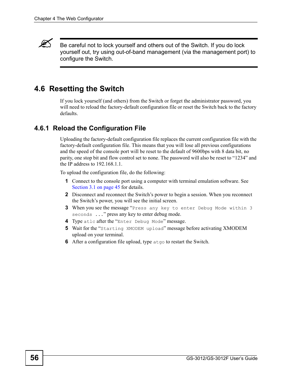 6 resetting the switch, 1 reload the configuration file | ZyXEL Communications GS-3012F/3012 User Manual | Page 56 / 314