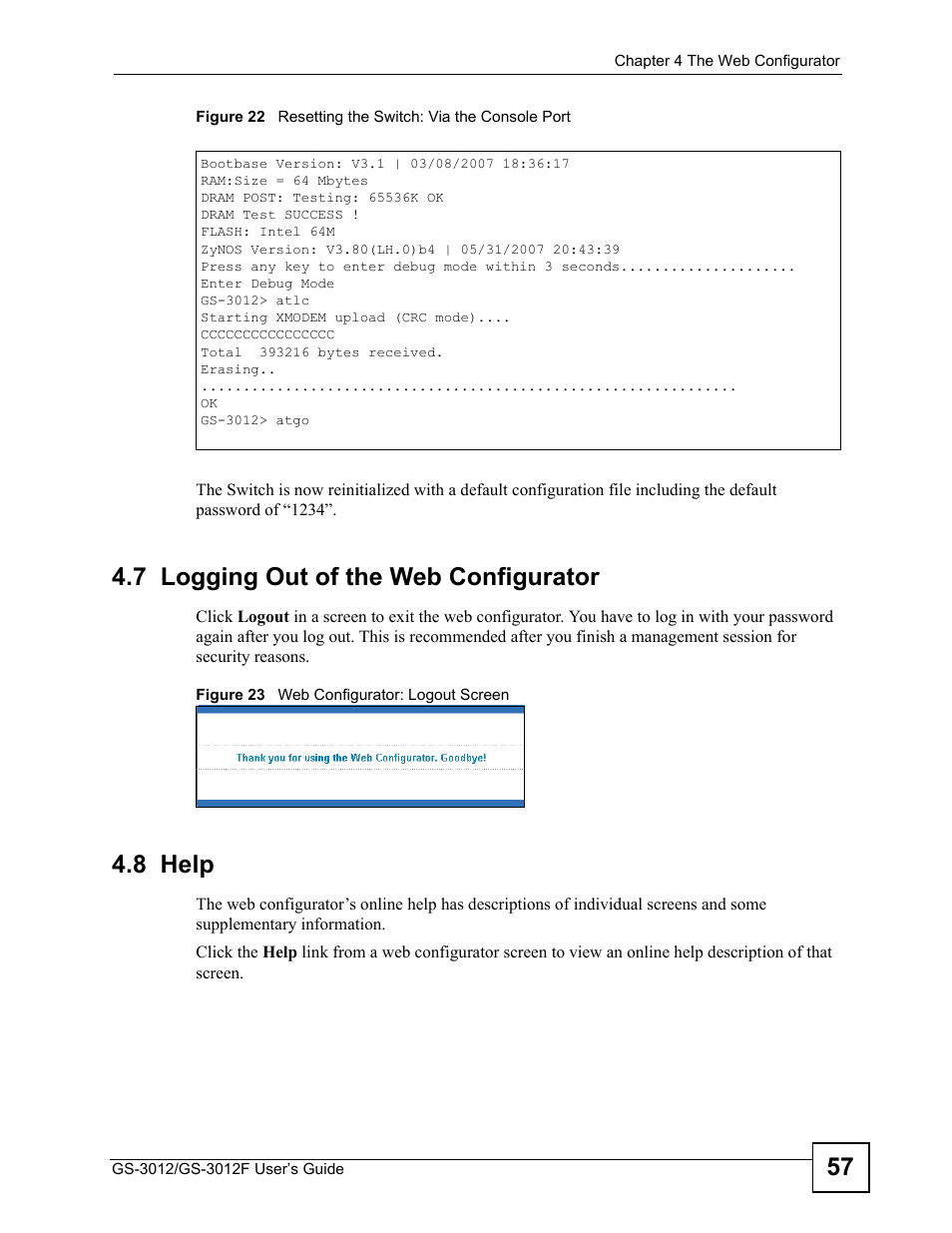 7 logging out of the web configurator, 8 help, 7 logging out of the web configurator 4.8 help | ZyXEL Communications GS-3012F/3012 User Manual | Page 57 / 314