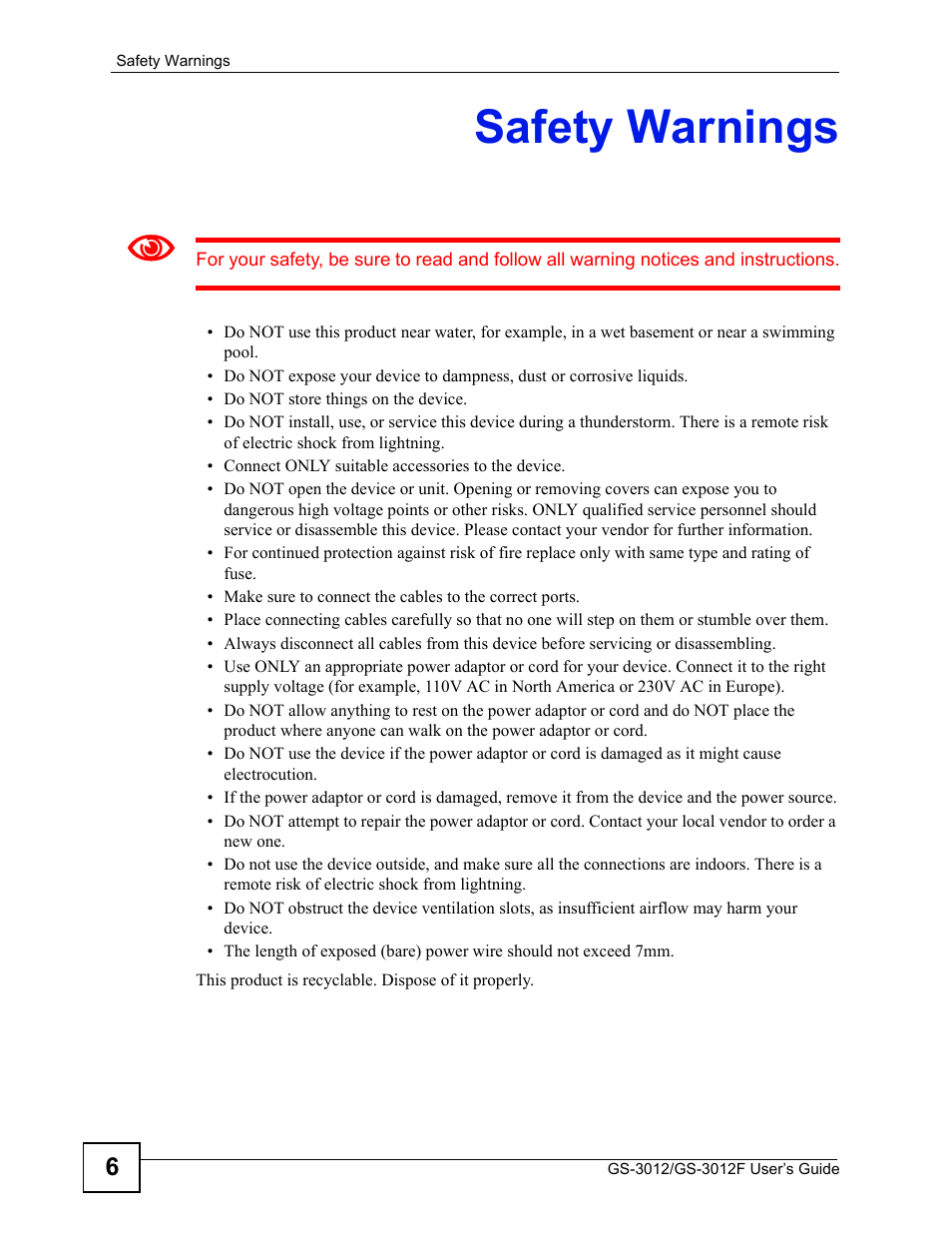 Safety warnings | ZyXEL Communications GS-3012F/3012 User Manual | Page 6 / 314