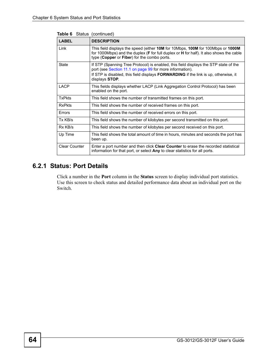 1 status: port details | ZyXEL Communications GS-3012F/3012 User Manual | Page 64 / 314
