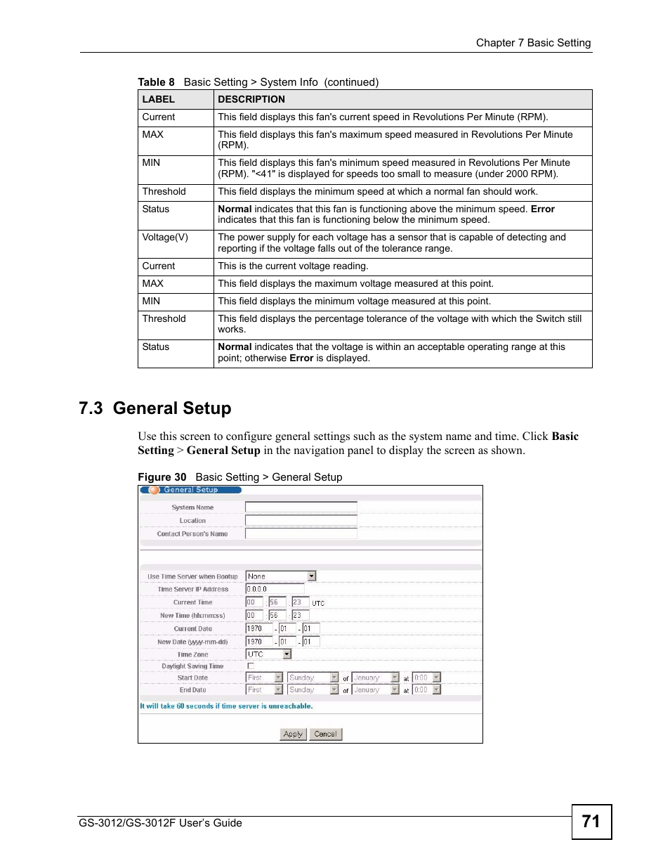 3 general setup, Figure 30 basic setting > general setup, 71 7.3 general setup | ZyXEL Communications GS-3012F/3012 User Manual | Page 71 / 314