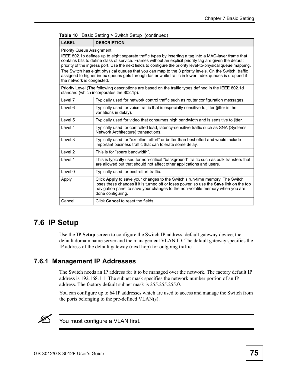 6 ip setup, 1 management ip addresses, 75 7.6 ip setup | ZyXEL Communications GS-3012F/3012 User Manual | Page 75 / 314