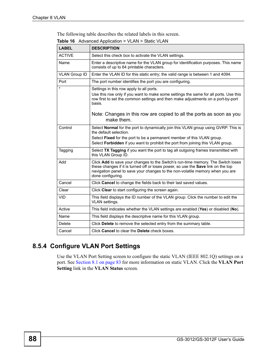 4 configure vlan port settings, Table 16 advanced application > vlan > static vlan | ZyXEL Communications GS-3012F/3012 User Manual | Page 88 / 314