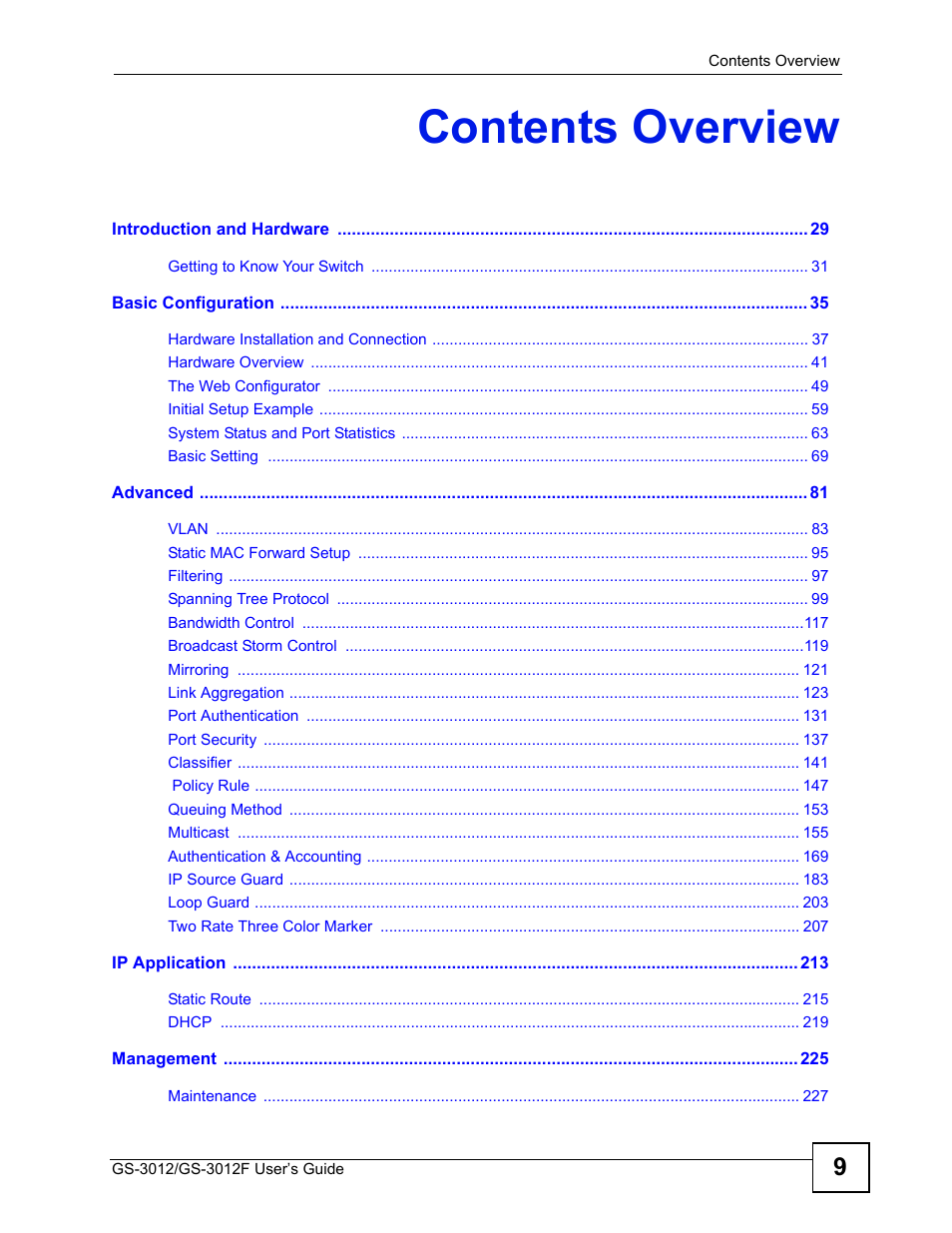 Contents overview | ZyXEL Communications GS-3012F/3012 User Manual | Page 9 / 314