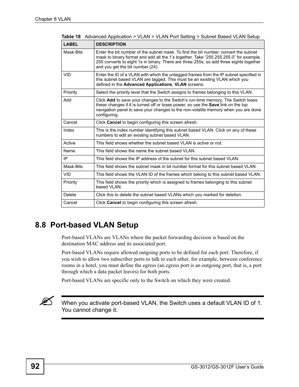 8 port-based vlan setup, 92 8.8 port-based vlan setup | ZyXEL Communications GS-3012F/3012 User Manual | Page 92 / 314