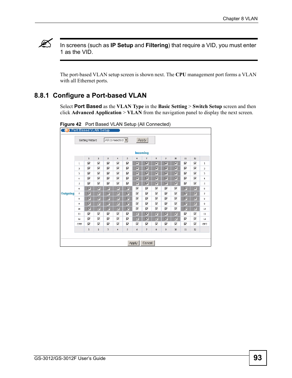 1 configure a port-based vlan, Figure 42 port based vlan setup (all connected) | ZyXEL Communications GS-3012F/3012 User Manual | Page 93 / 314