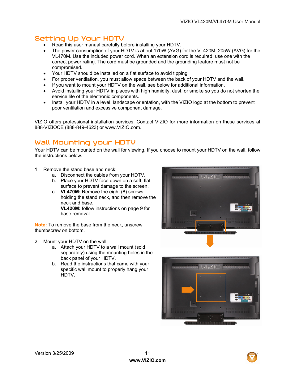 Setting up your hdtv, Wall mounting your hdtv | ZyXEL Communications VL470M User Manual | Page 11 / 64