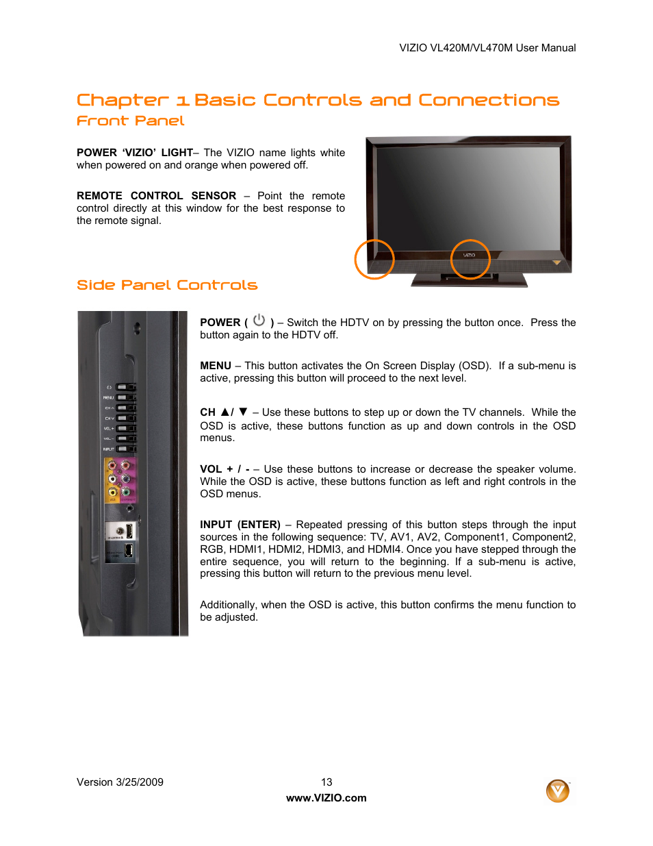 Chapter 1 basic controls and connections, Front panel, Side panel controls | ZyXEL Communications VL470M User Manual | Page 13 / 64
