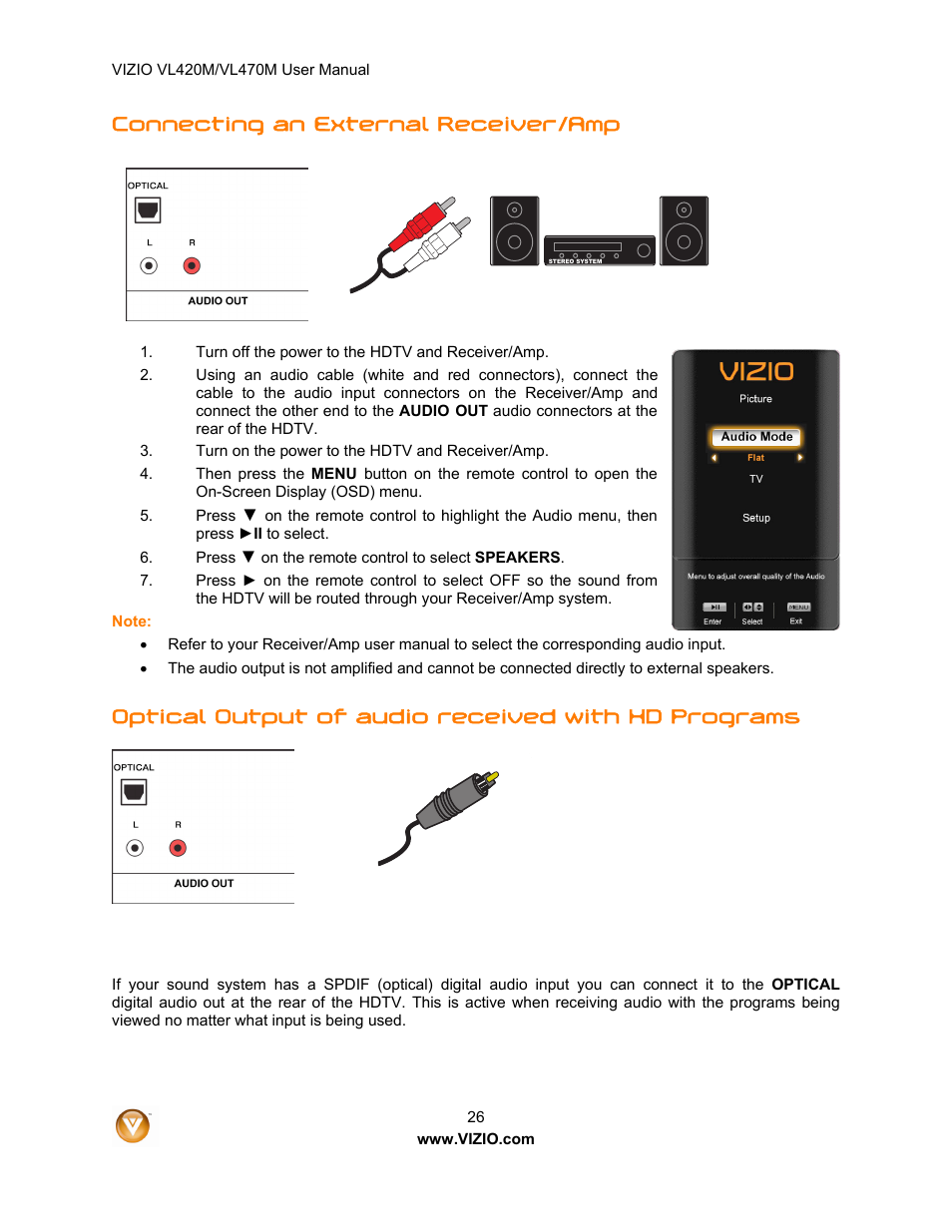 Connecting an external receiver/amp, Optical output of audio received with hd programs | ZyXEL Communications VL470M User Manual | Page 26 / 64