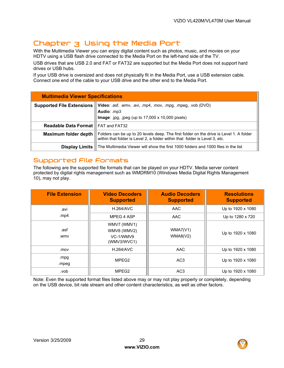 Chapter 3 using the media port, Supported file formats | ZyXEL Communications VL470M User Manual | Page 29 / 64