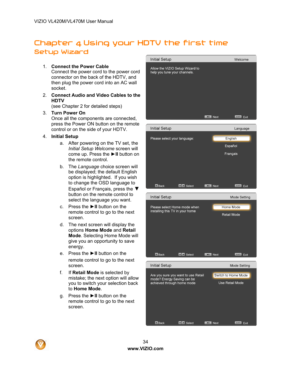 Chapter 4 using your hdtv the first time, Setup wizard | ZyXEL Communications VL470M User Manual | Page 34 / 64