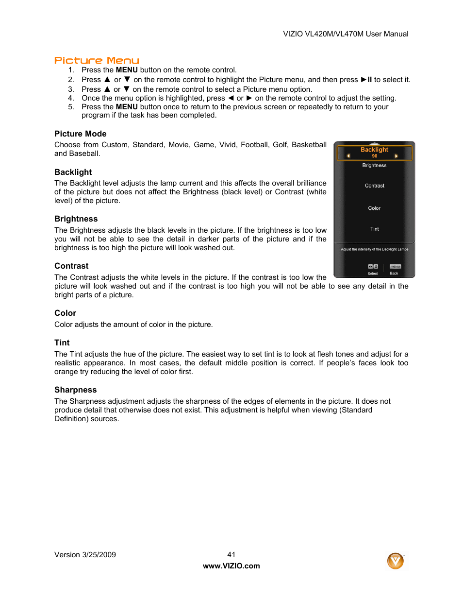 Picture menu | ZyXEL Communications VL470M User Manual | Page 41 / 64