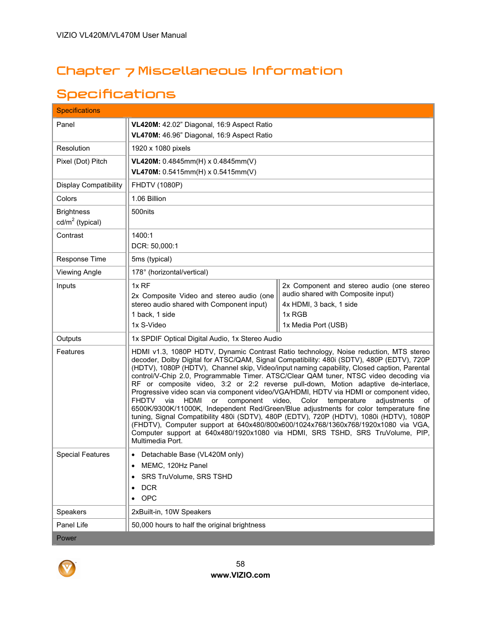 Specifications, Chapter 7 miscellaneous information | ZyXEL Communications VL470M User Manual | Page 58 / 64