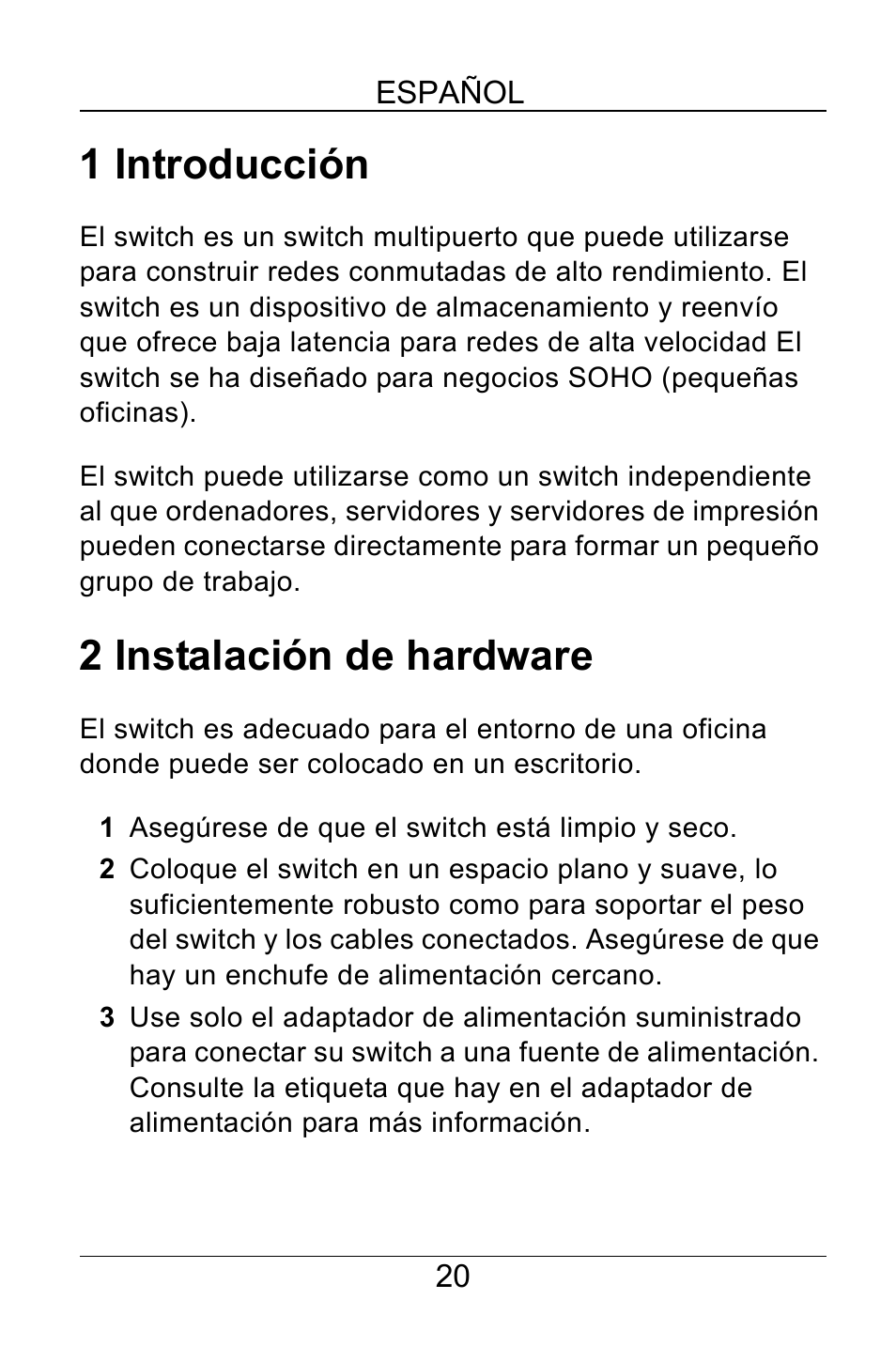 Español, 1 introducción, 2 instalación de hardware | ZyXEL Communications GS-105B User Manual | Page 20 / 48