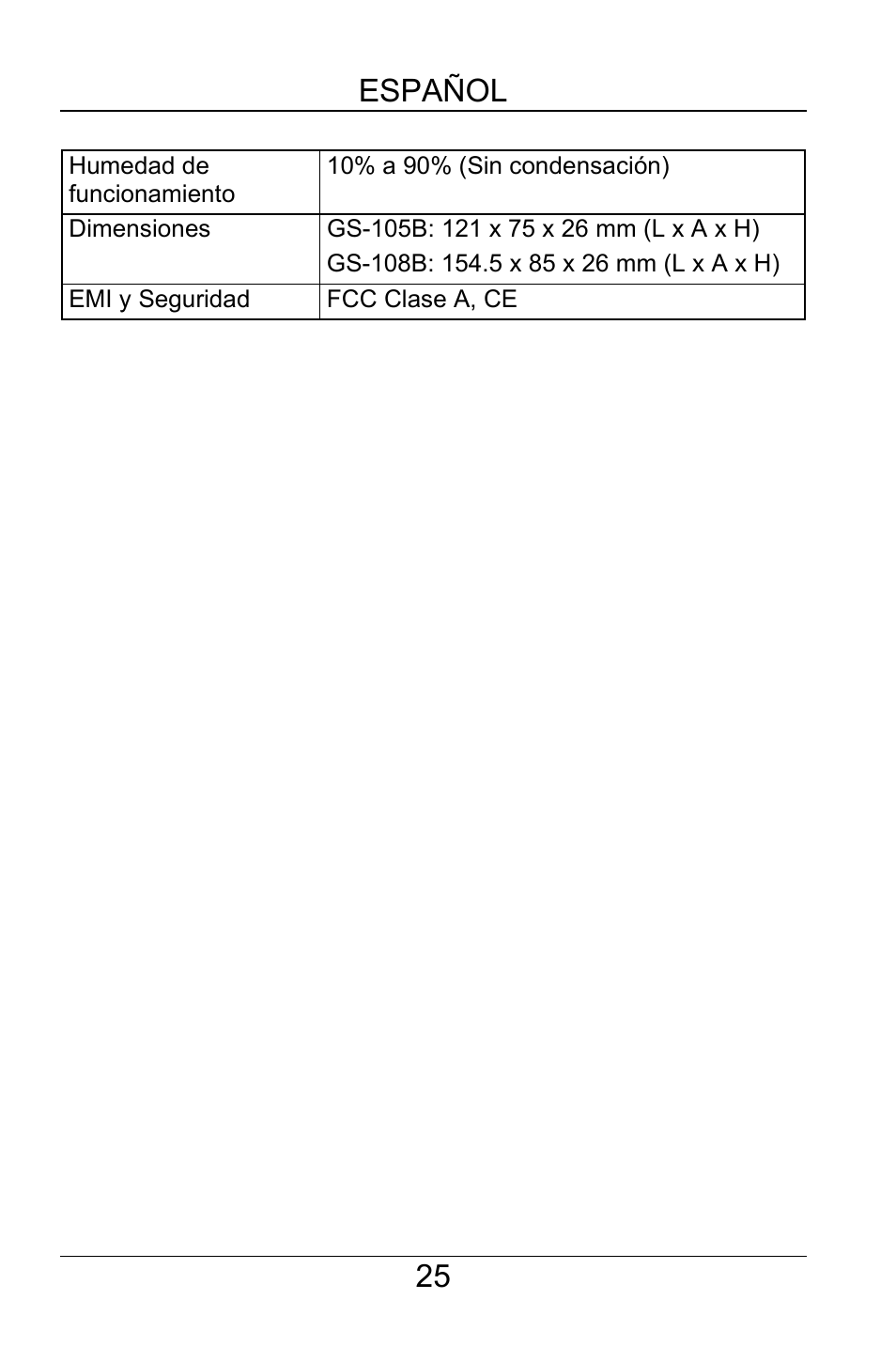 25 español | ZyXEL Communications GS-105B User Manual | Page 25 / 48