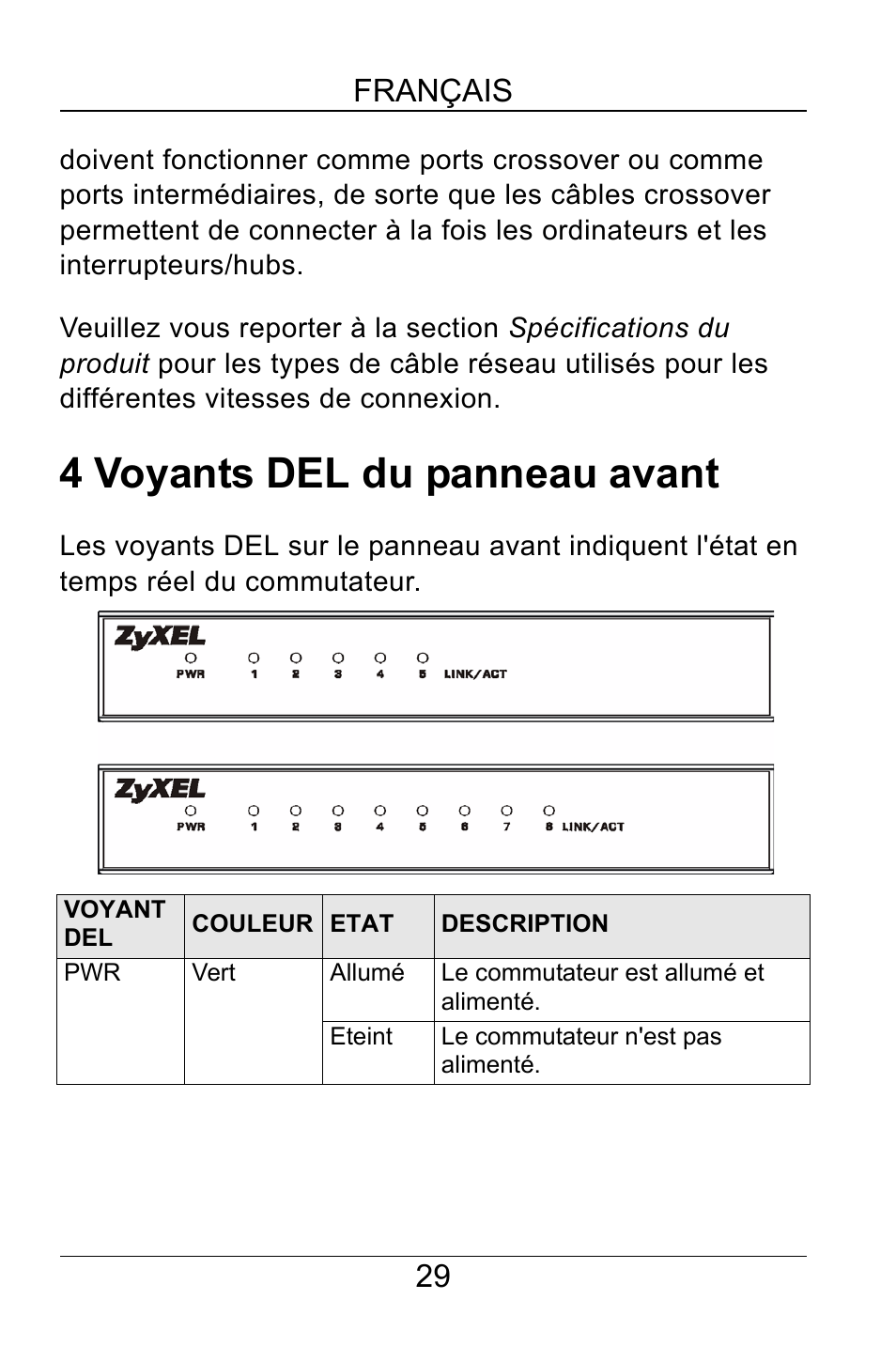 4 voyants del du panneau avant, 29 français | ZyXEL Communications GS-105B User Manual | Page 29 / 48