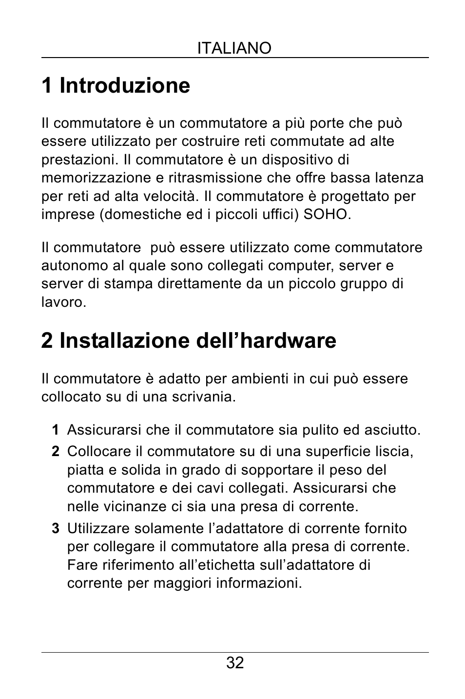 Italiano, 1 introduzione, 2 installazione dell’hardware | ZyXEL Communications GS-105B User Manual | Page 32 / 48