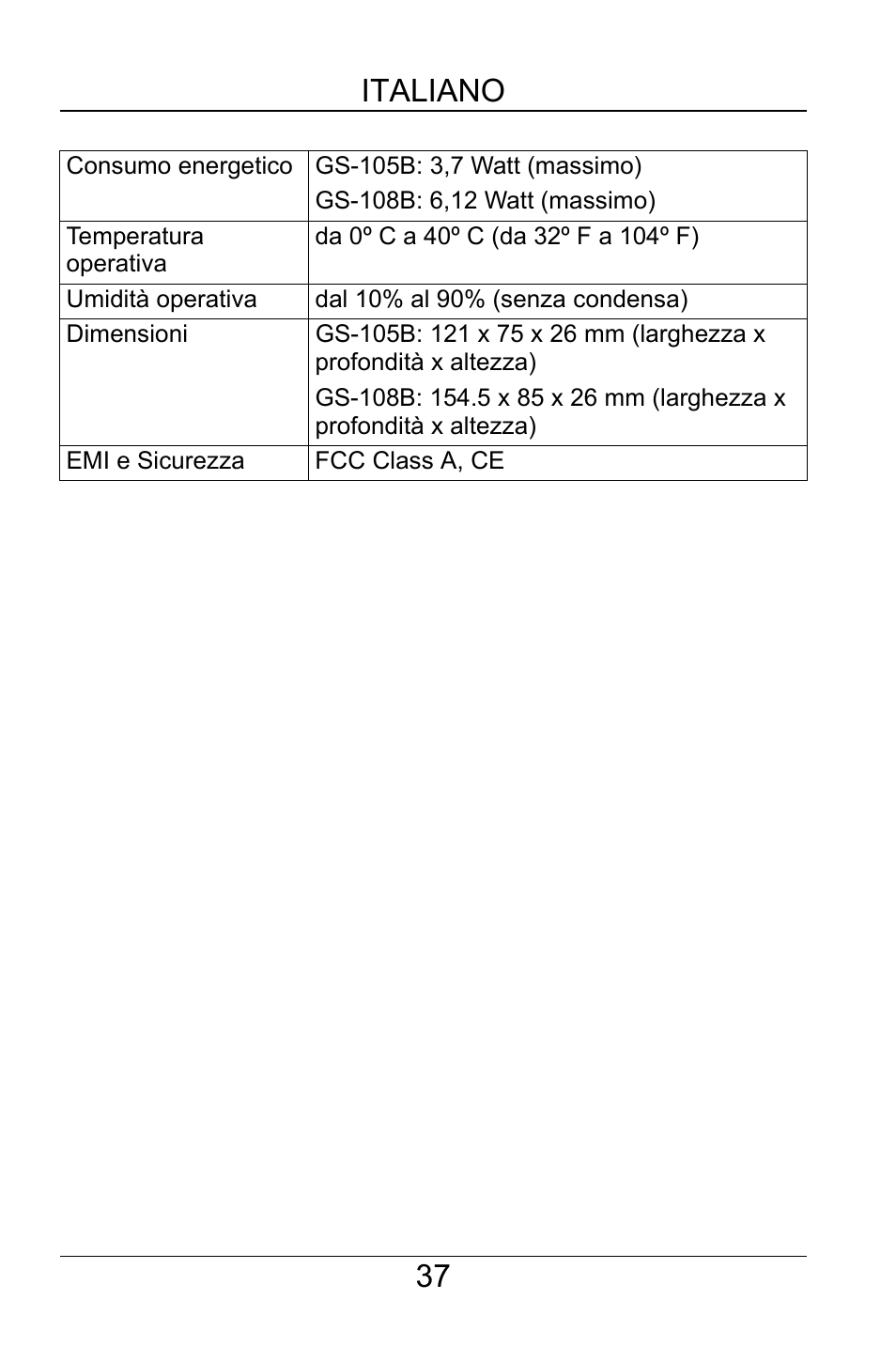 37 italiano | ZyXEL Communications GS-105B User Manual | Page 37 / 48