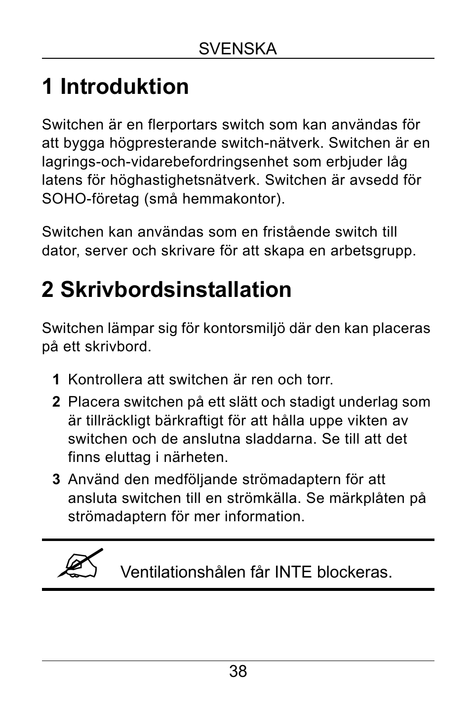 Svenska, 1 introduktion, 2 skrivbordsinstallation | ZyXEL Communications GS-105B User Manual | Page 38 / 48