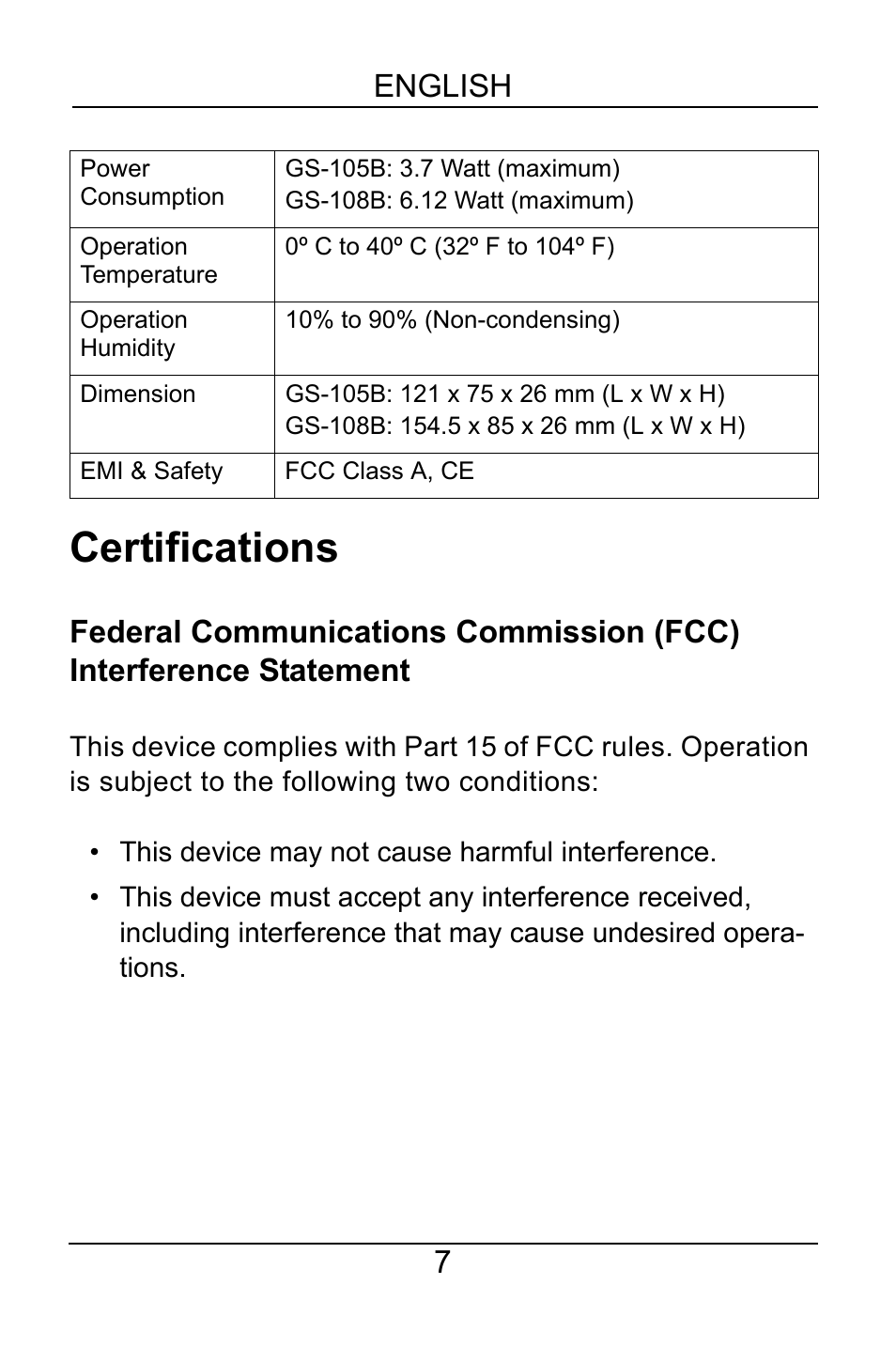 Certifications, 7english | ZyXEL Communications GS-105B User Manual | Page 7 / 48