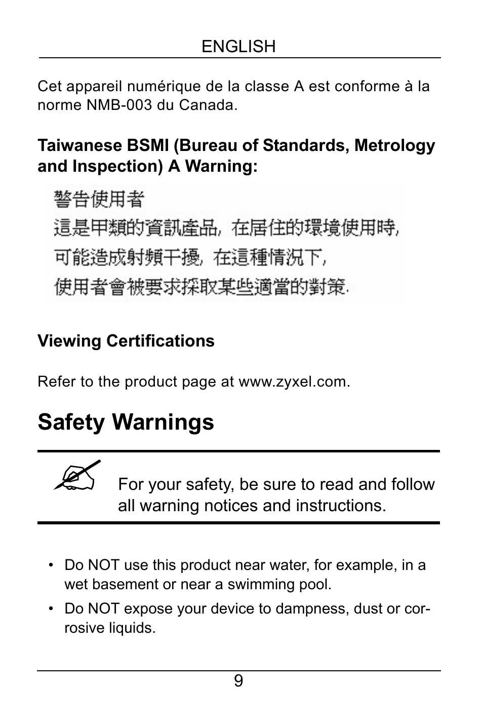 Safety warnings | ZyXEL Communications GS-105B User Manual | Page 9 / 48