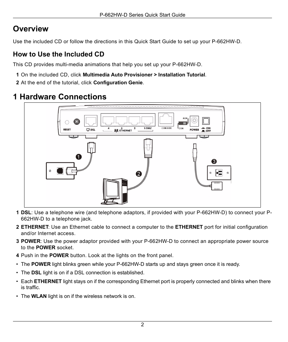 Overview, 1 hardware connections, How to use the included cd | ZyXEL Communications P-662HW-D User Manual | Page 2 / 7