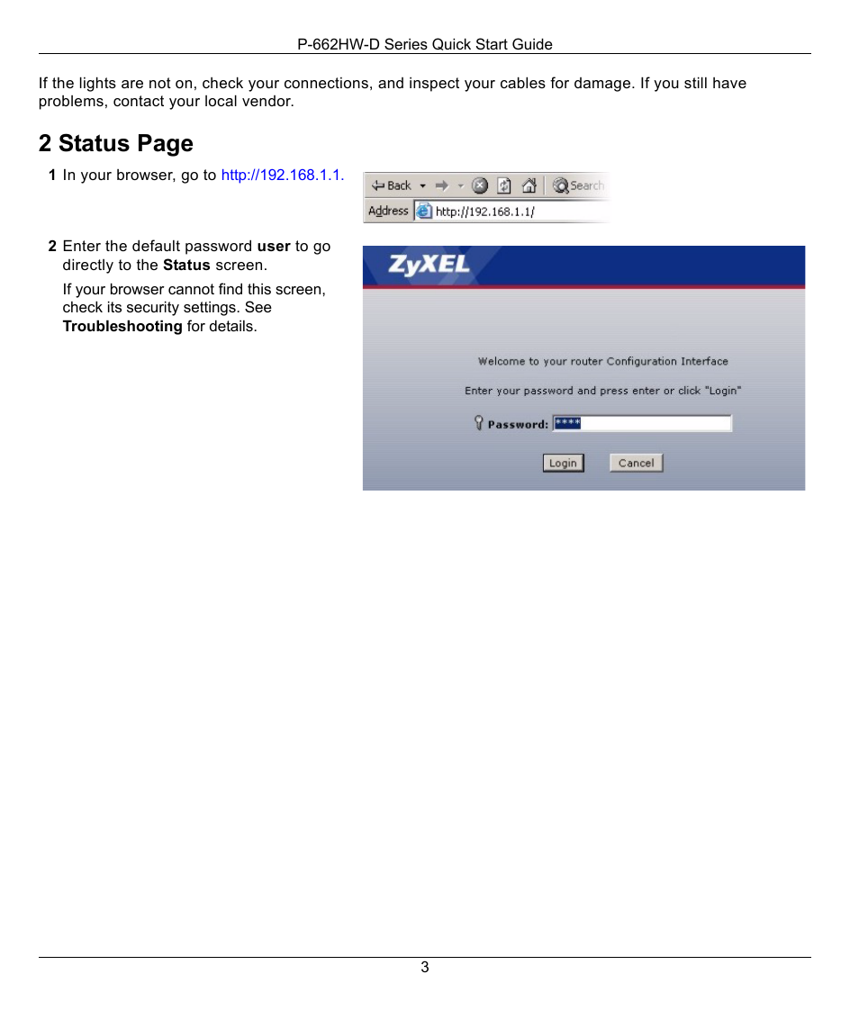 2 status page | ZyXEL Communications P-662HW-D User Manual | Page 3 / 7