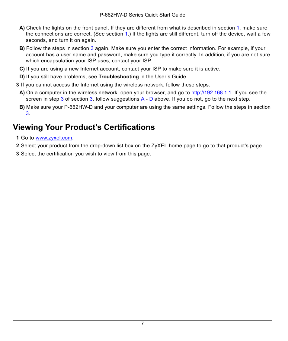 Viewing your product’s certifications | ZyXEL Communications P-662HW-D User Manual | Page 7 / 7