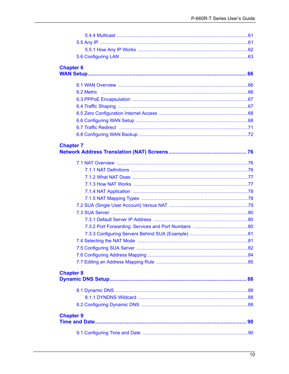 ZyXEL Communications ADSL2+ Ethernet Gateway P-660R-T Series User Manual | Page 10 / 302