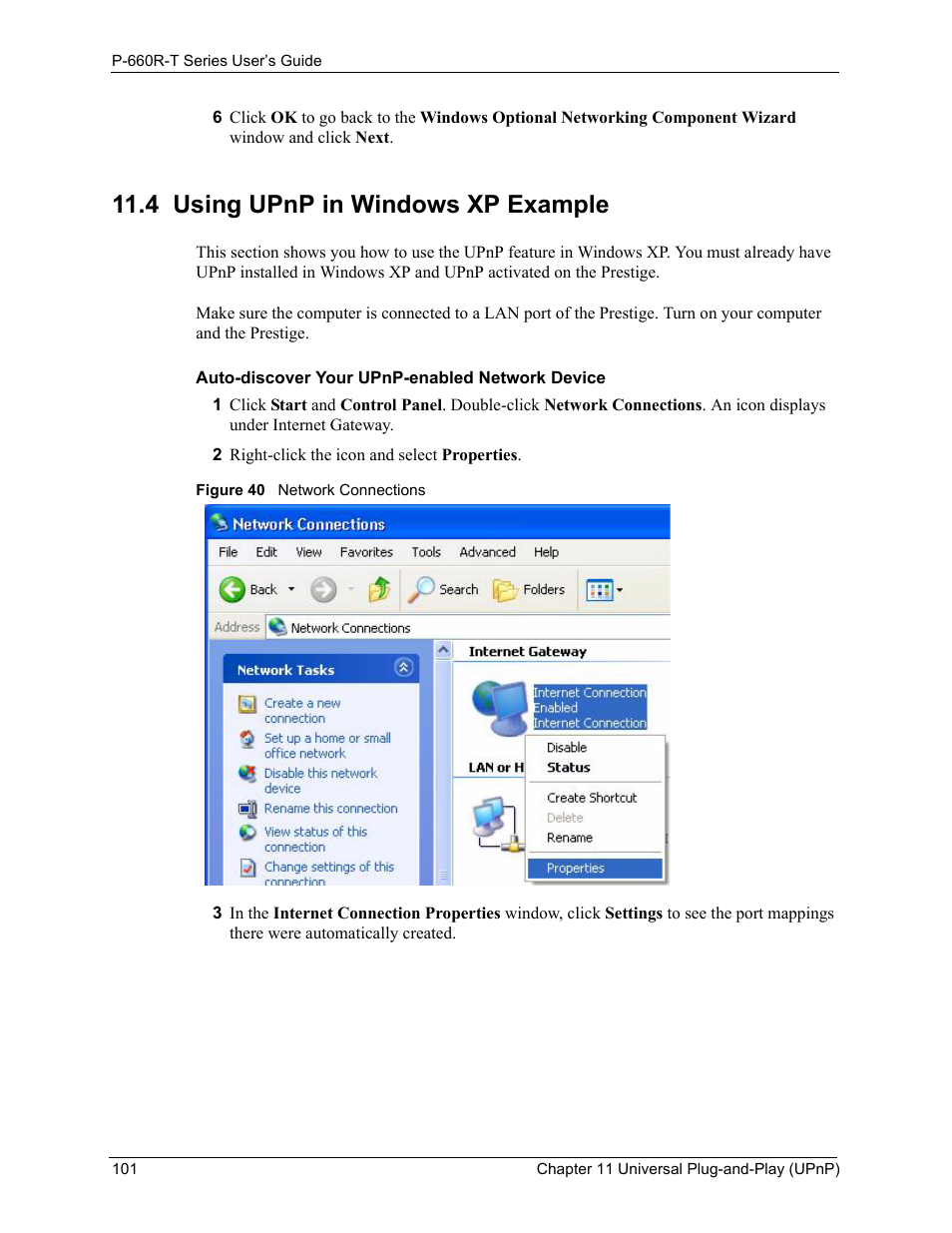 4 using upnp in windows xp example, Figure 40 network connections | ZyXEL Communications ADSL2+ Ethernet Gateway P-660R-T Series User Manual | Page 101 / 302