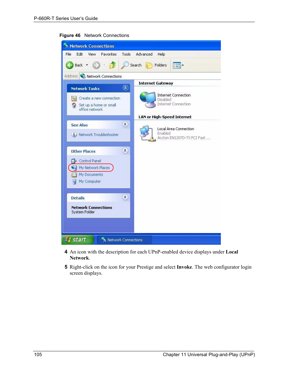 Figure 46 network connections | ZyXEL Communications ADSL2+ Ethernet Gateway P-660R-T Series User Manual | Page 105 / 302