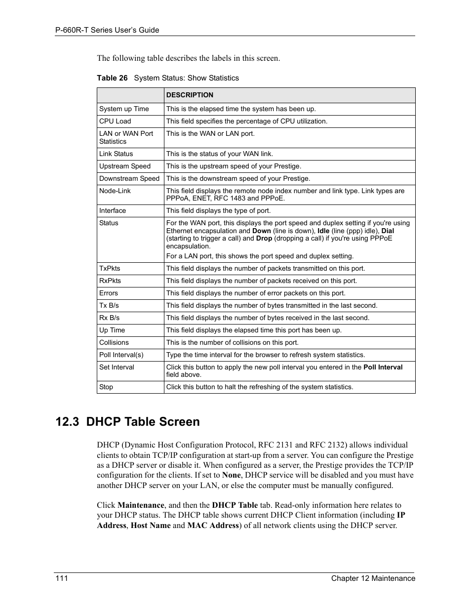 3 dhcp table screen, Table 26 system status: show statistics | ZyXEL Communications ADSL2+ Ethernet Gateway P-660R-T Series User Manual | Page 111 / 302