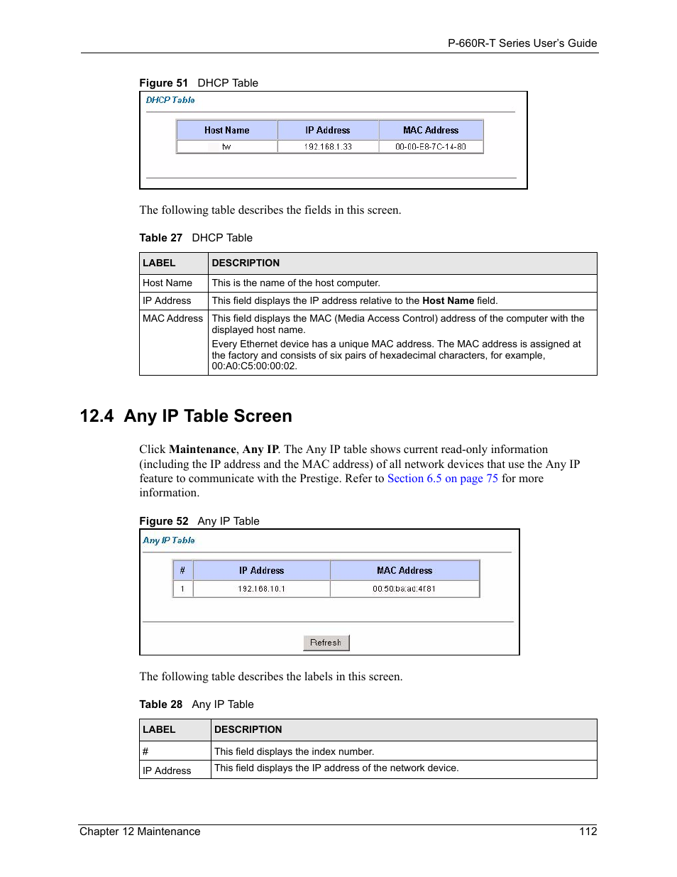 4 any ip table screen, Figure 51 dhcp table figure 52 any ip table, Table 27 dhcp table table 28 any ip table | ZyXEL Communications ADSL2+ Ethernet Gateway P-660R-T Series User Manual | Page 112 / 302