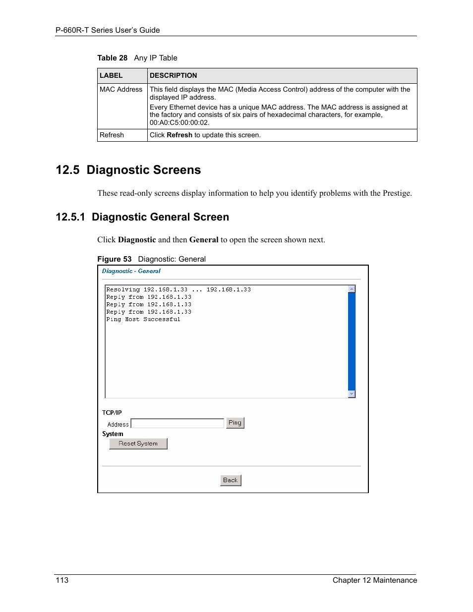 5 diagnostic screens, 1 diagnostic general screen, Figure 53 diagnostic: general | ZyXEL Communications ADSL2+ Ethernet Gateway P-660R-T Series User Manual | Page 113 / 302