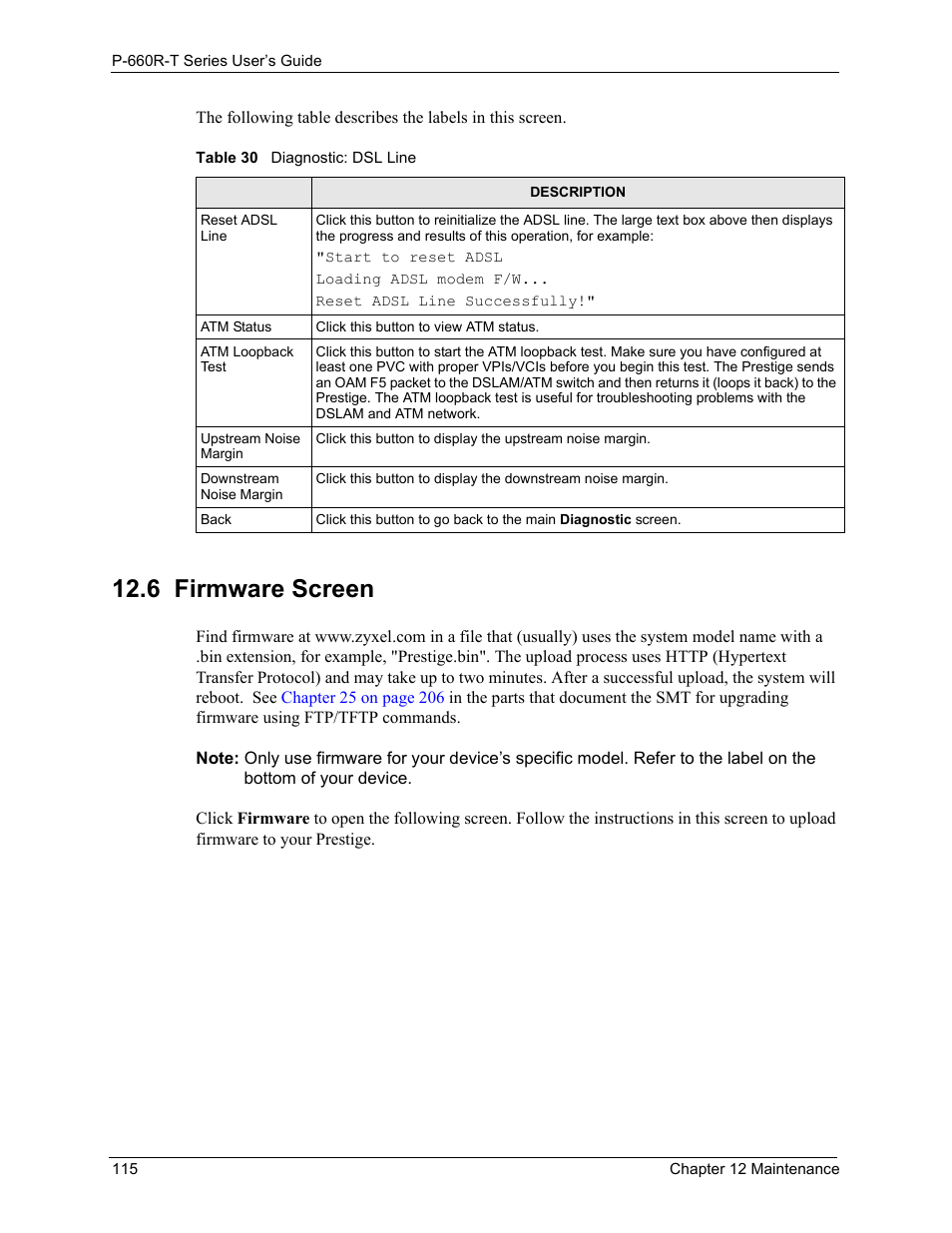 6 firmware screen, Table 30 diagnostic: dsl line | ZyXEL Communications ADSL2+ Ethernet Gateway P-660R-T Series User Manual | Page 115 / 302